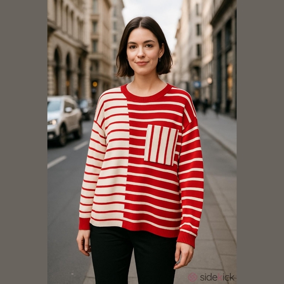 Cabi Style 5635 Red& White Stripes Front ,Red&Black, Cotton, Sweater Size Medium - Picture 3 of 7